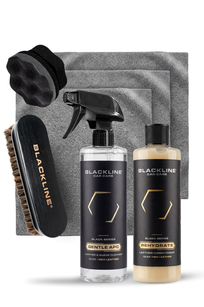 BLACKLINE Gentle APC all purpose cleaner spray bottle with leather conditioner on gray towels on Tampa Home & Garden Store