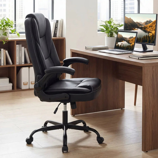 Leather Office Chair With Flip Armrests Ergonomic