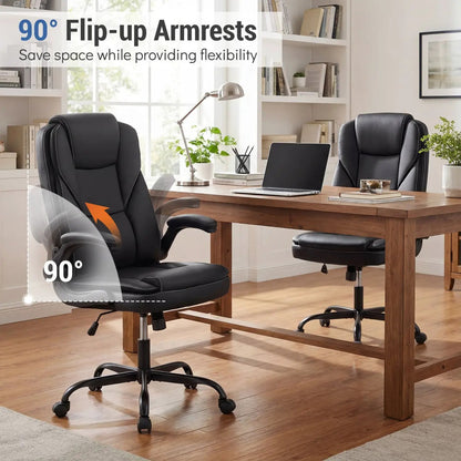 Leather Office Chair With Flip Armrests Ergonomic