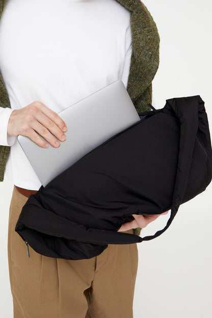 Myra Bag Black Recycled Shoulder Bag by Lefrik USA, black padded shoulder bag with zipper on Tampa Home & Garden Store