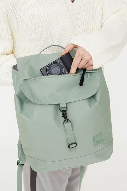 Kaut Backpack Sage 19L by Lefrik USA; sage green backpack with front pocket and camera on Tampa Home & Garden Store