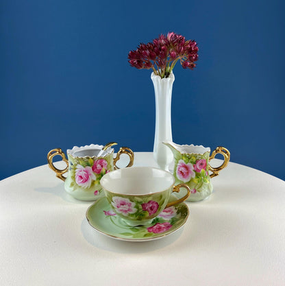 Lefton Hand Painted Tea Set. Cup Saucer Creamer Sugar Jar with Spoon. Roses Motif. Dining Room Table Decor. Tea Garden Party. Gift for Her. - Tampa Home & Garden Store