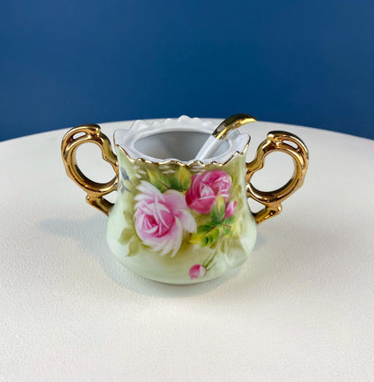 Lefton Hand Painted Tea Set. Cup Saucer Creamer Sugar Jar with Spoon. Roses Motif. Dining Room Table Decor. Tea Garden Party. Gift for Her. - Tampa Home & Garden Store