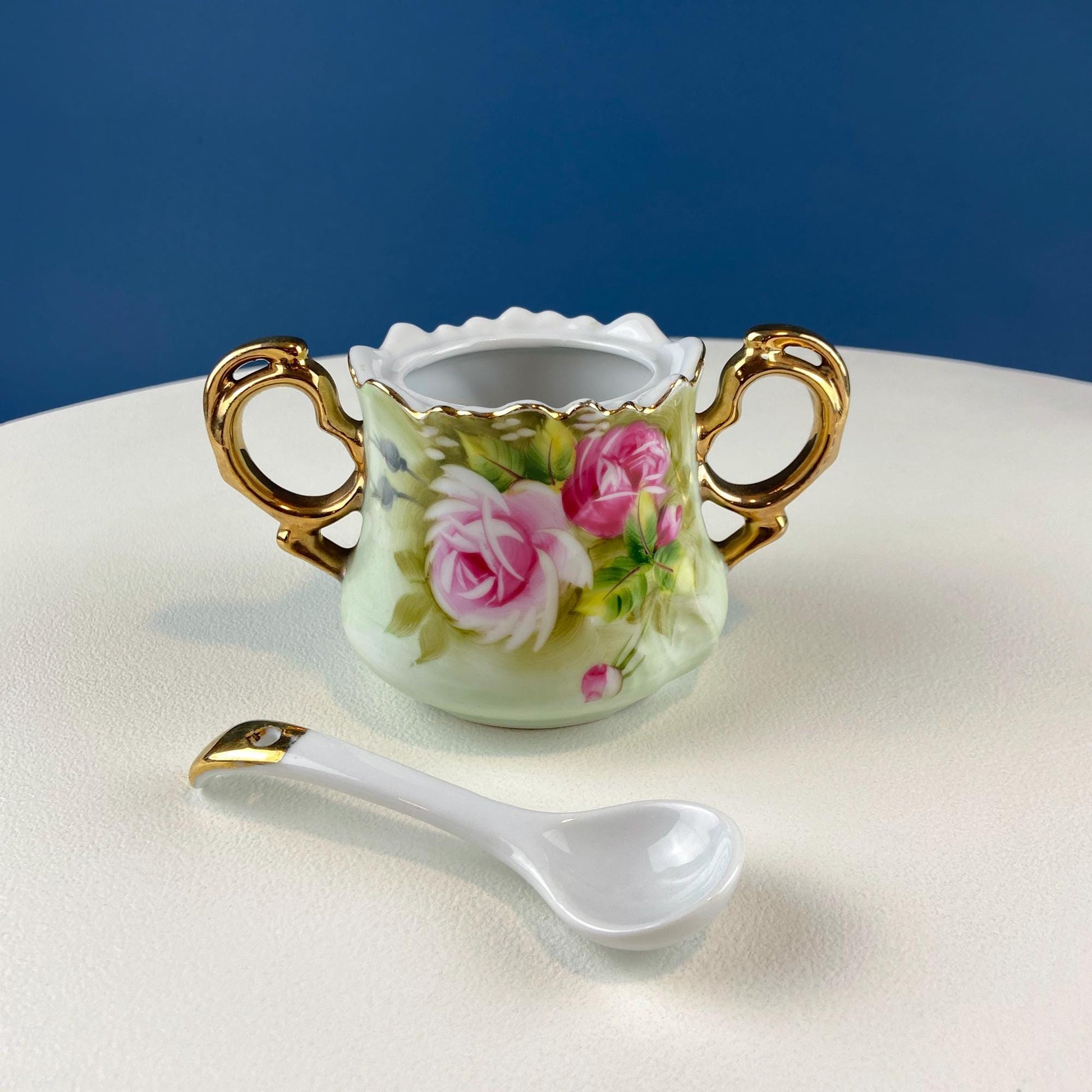 Lefton Hand Painted Tea Set. Cup Saucer Creamer Sugar Jar with Spoon. Roses Motif. Dining Room Table Decor. Tea Garden Party. Gift for Her. - Tampa Home & Garden Store