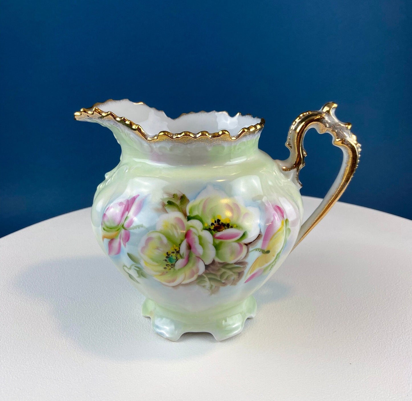 Lefton Porcelain Pitcher Vase: Hand Painted Wild Rose, Gold Trim - Tampa Home & Garden Store