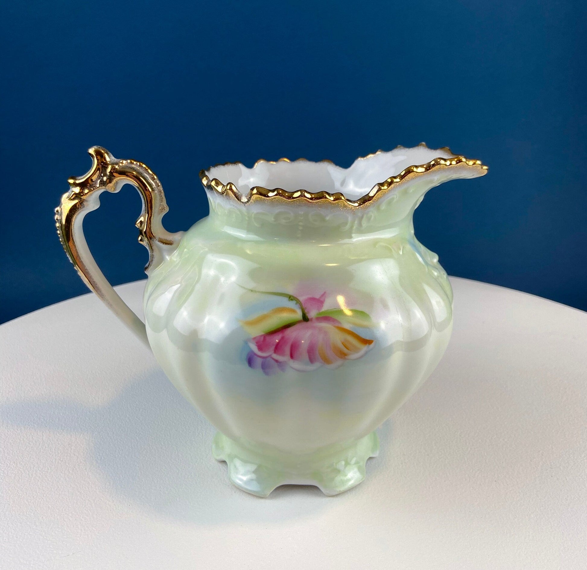 Lefton Porcelain Pitcher Vase: Hand Painted Wild Rose, Gold Trim - Tampa Home & Garden Store