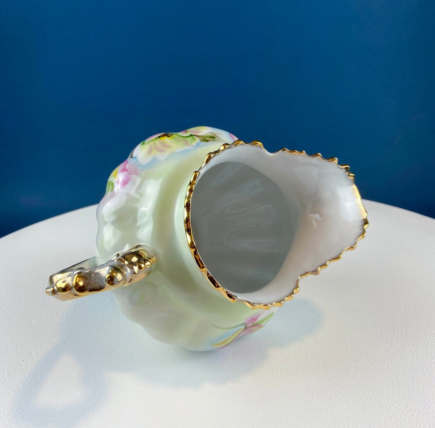 Lefton Porcelain Pitcher Vase: Hand Painted Wild Rose, Gold Trim - Tampa Home & Garden Store