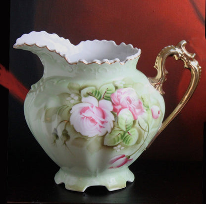 Lefton Porcelain Pitcher Vase: Hand Painted Wild Rose, Gold Trim - Tampa Home & Garden Store