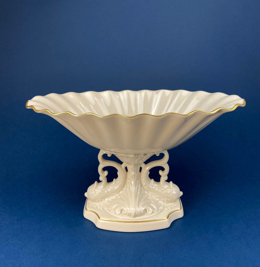 Lenox Pedestal Compote with Pair of Dolphins. Cream Colored Porcelain, Footed Fruit Stand or Serving Dish. Aquarius Table Centerpiece. - Tampa Home & Garden Store