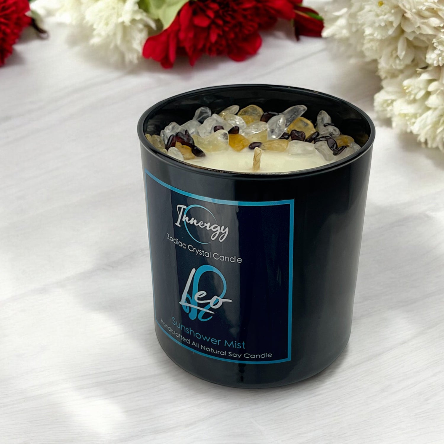 Leo Zodiac Crystal Candle with Garnet, Quartz Crystal, and Citrine | Coconut-Soy Wax Candle, 9oz - Tampa Home & Garden Store