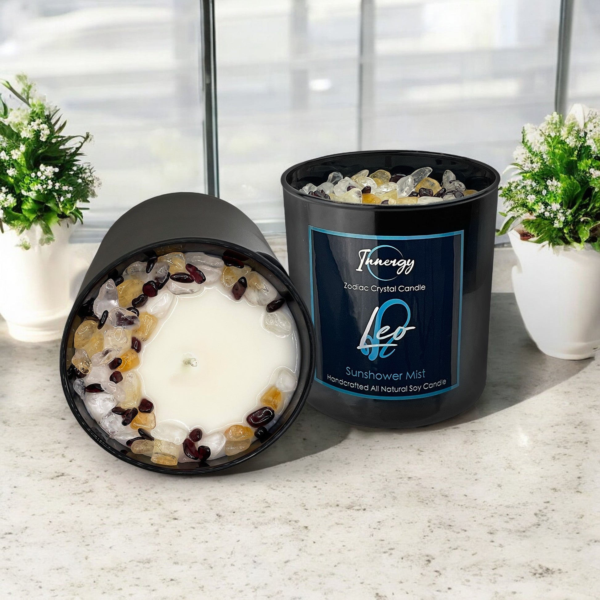 Leo Zodiac Crystal Candle with Garnet, Quartz Crystal, and Citrine | Coconut-Soy Wax Candle, 9oz - Tampa Home & Garden Store