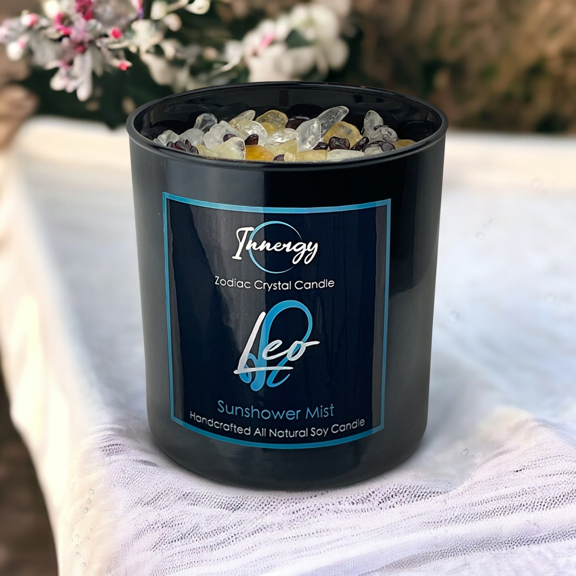 Leo Zodiac Crystal Candle with Garnet, Quartz Crystal, and Citrine | Coconut-Soy Wax Candle, 9oz - Tampa Home & Garden Store