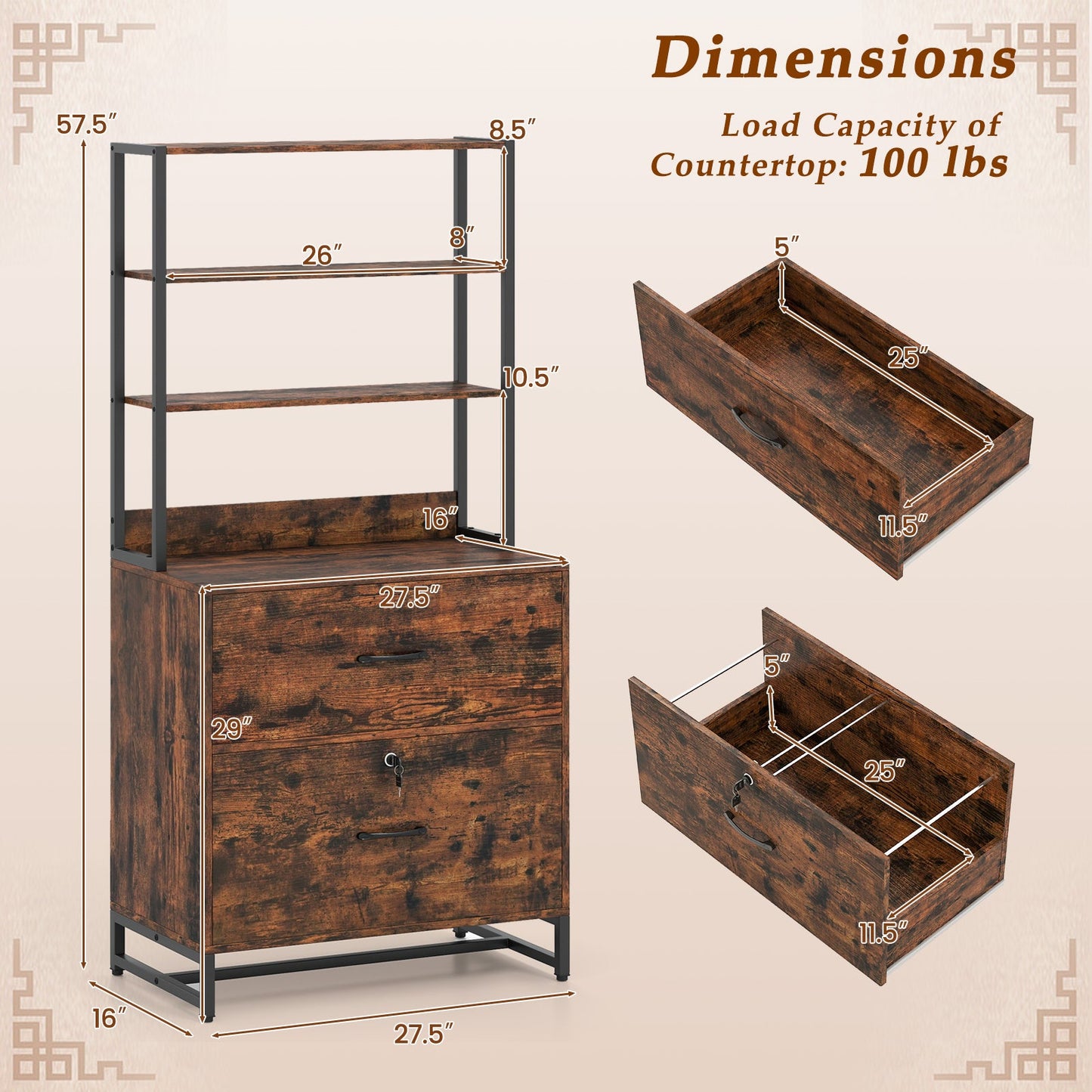 Letter Size Lateral File Cabinet with Lock and Bookshelf-Rustic Brown