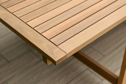 Leyland outdoor dining table slatted wood top in warm tan LifestyleGarden US on Tampa Home & Garden Store
