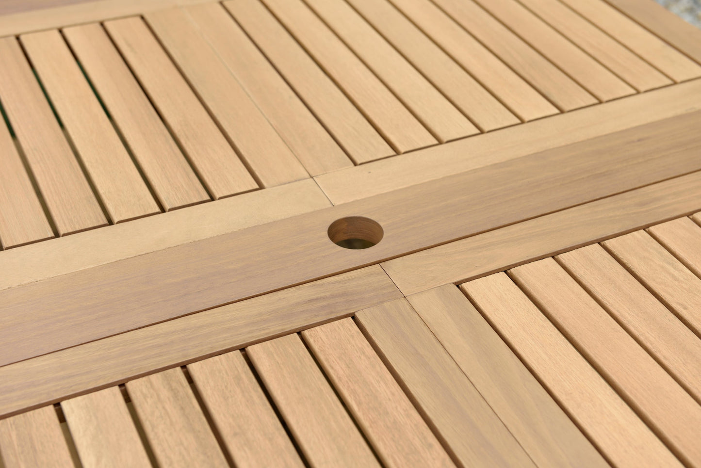 Leyland outdoor teak table with slatted top and umbrella hole on Tampa Home & Garden Store