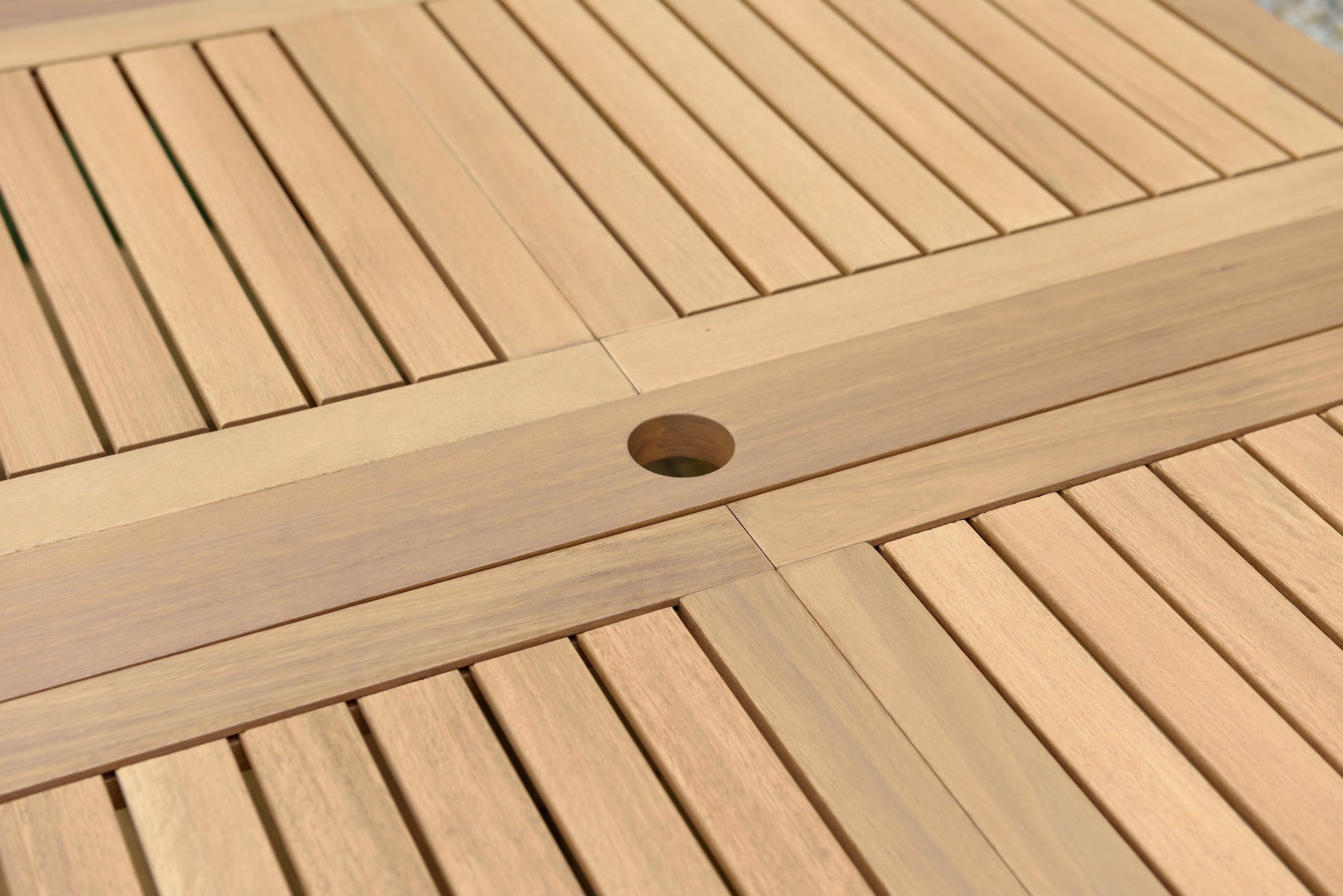 Leyland outdoor teak table with slatted top and umbrella hole on Tampa Home & Garden Store