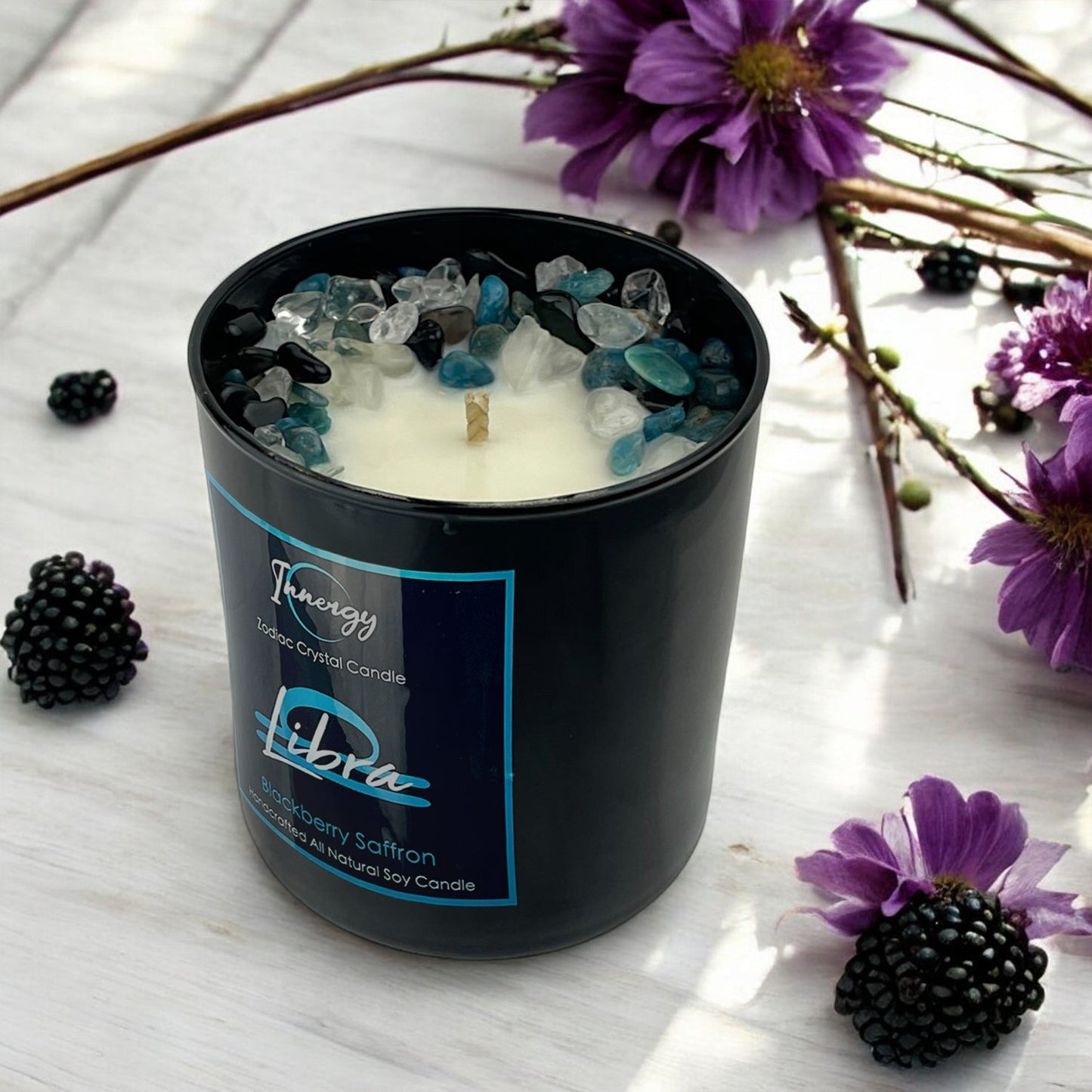 Libra Zodiac Crystal Candle with Obsidian, Blue Apatite, and Crystal Quartz | Coconut-Soy Wax Candle, 9oz - Tampa Home & Garden Store