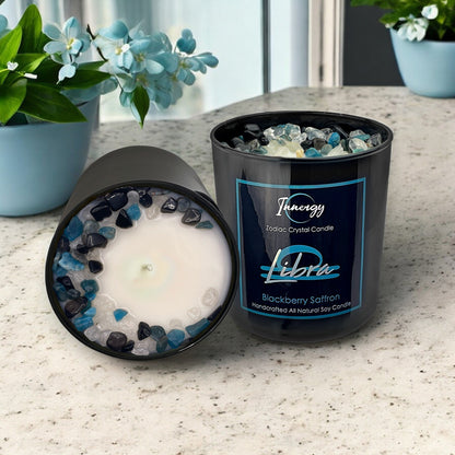 Libra Zodiac Crystal Candle with Obsidian, Blue Apatite, and Crystal Quartz | Coconut-Soy Wax Candle, 9oz - Tampa Home & Garden Store