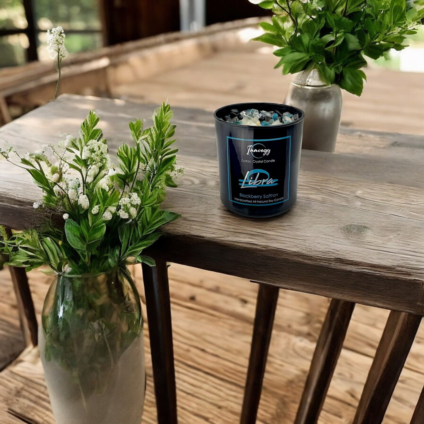Libra Zodiac Crystal Candle with Obsidian, Blue Apatite, and Crystal Quartz | Coconut-Soy Wax Candle, 9oz - Tampa Home & Garden Store
