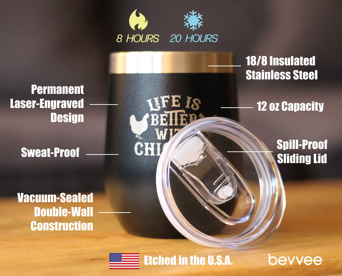 Life is Better with Chickens - Chicken Wine Tumbler with Sliding Lid - Stemless Stainless Steel Insulated Cup - Funny Outdoor Camping Mug - Tampa Home & Garden Store