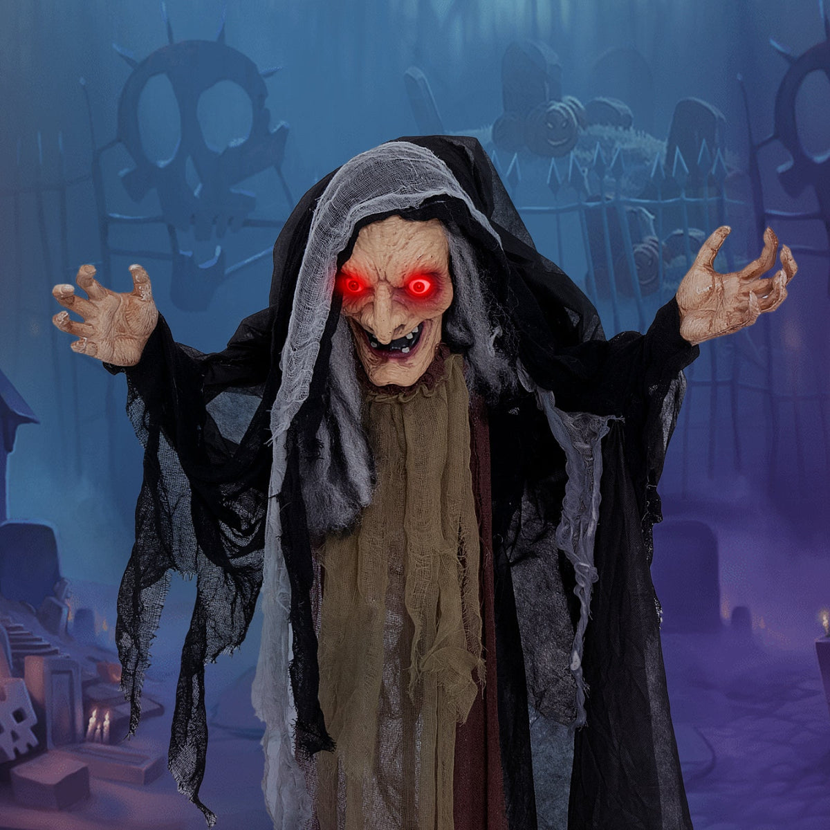 Life-size animatronic witch with pre-recorded phrases red-eyed, tattered cloak cutout DirectDeals on Tampa Home & Garden Store