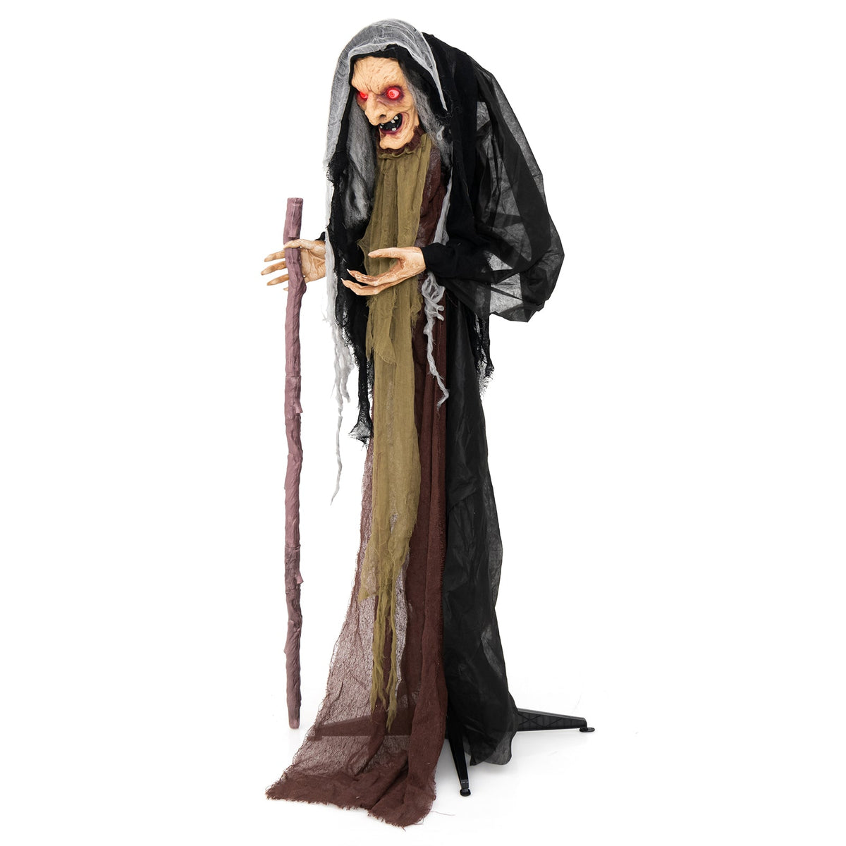 Life Size Animatronic Witch prop DirectDeals; hooded black robes, staff, cardboard cutout on Tampa Home & Garden Store