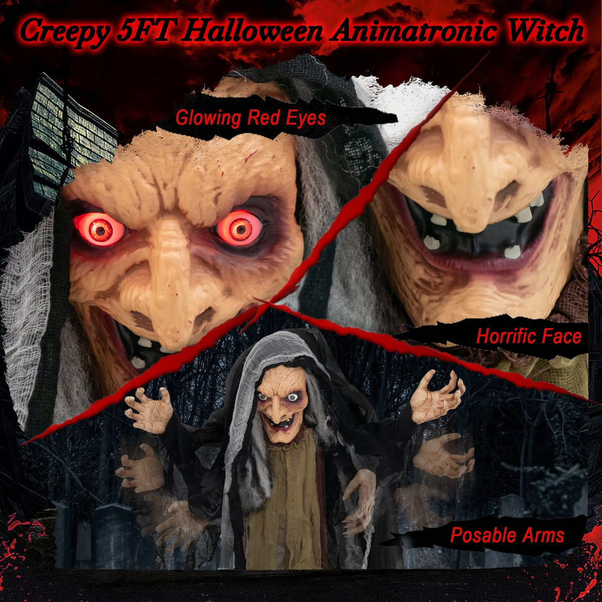 Life-size animatronic witch cardboard cutout with glowing red eyes, horrific face DirectDeals on Tampa Home & Garden Store
