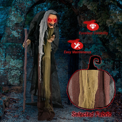 Life-size animatronic witch cardboard cutout with red glowing eyes and tattered robes, pre-recorded phrases on Tampa Home & Garden Store