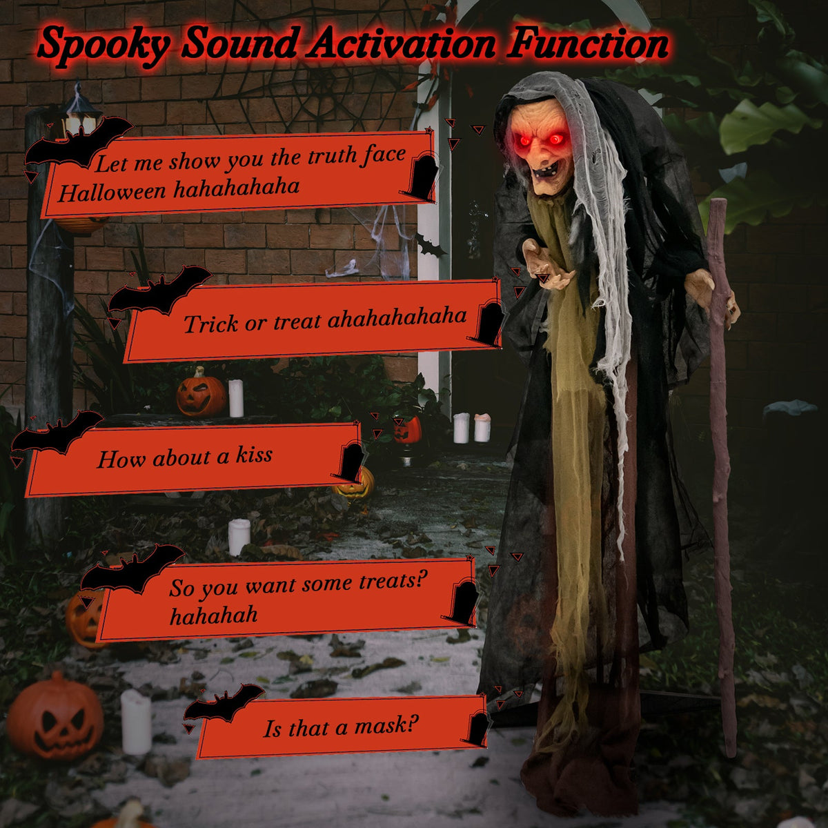 Life-Size DirectDeals animatronic witch cardboard cutout with red eyes and pre-recorded phrases on Tampa Home & Garden Store