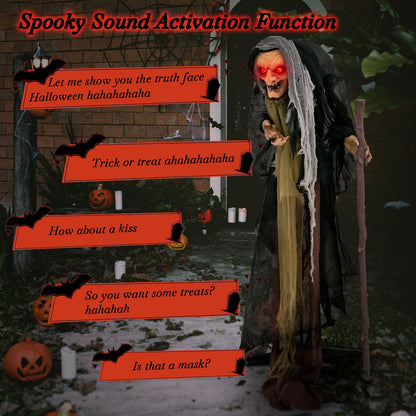 Life-Size DirectDeals animatronic witch cardboard cutout with red eyes and pre-recorded phrases on Tampa Home & Garden Store