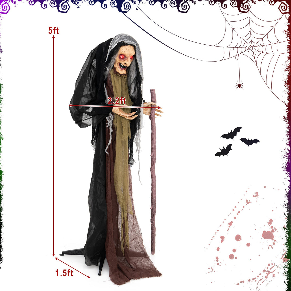 Life Size Animatronic Witch with Phrases in tattered black robes, red eyes, holding staff DirectDeals on Tampa Home & Garden Store