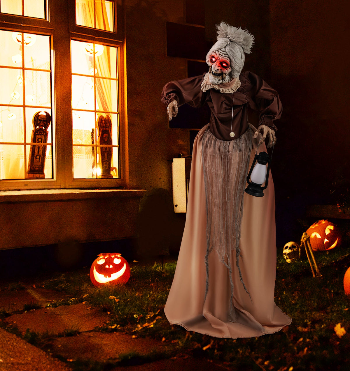 DirectDeals life-size Halloween animatronic hag prop with glowing red eyes in brown gown on Tampa Home & Garden Store