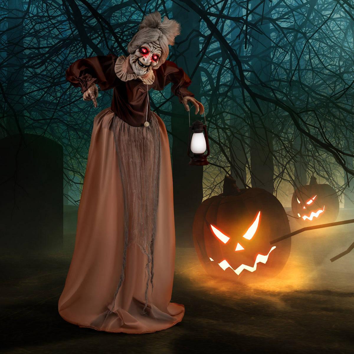 Life-size Halloween animatronic old hag prop with glowing red eyes, brown dress, lantern on Tampa Home & Garden Store