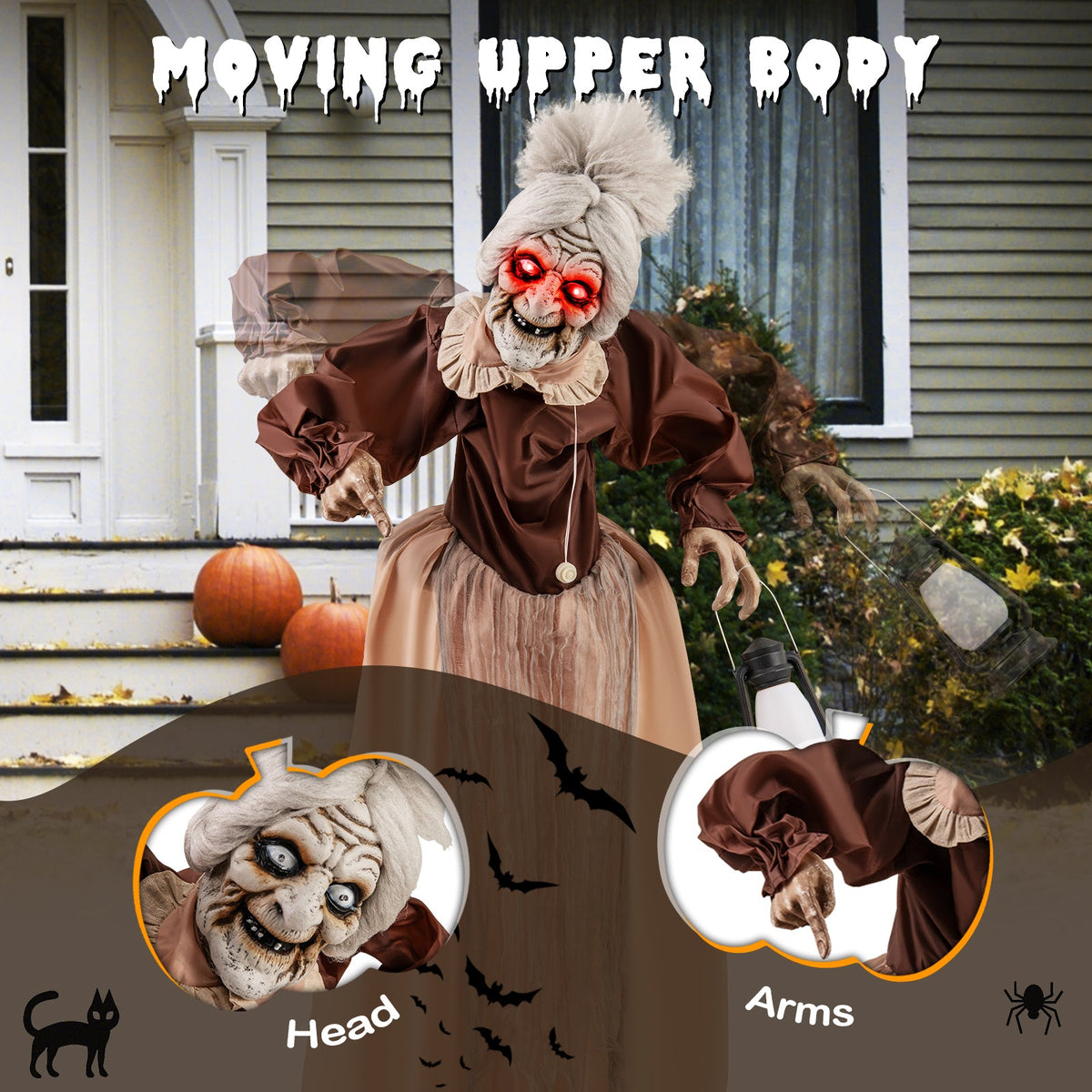 Life-size Halloween animatronic old lady hag prop with glowing red eyes, moving and talking on Tampa Home & Garden Store