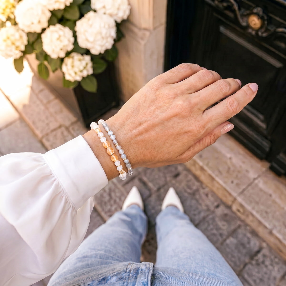 Golden Hand of Fortune 3 bracelets of wealth beads, amber white gray, Conscious Items on Tampa Home & Garden Store