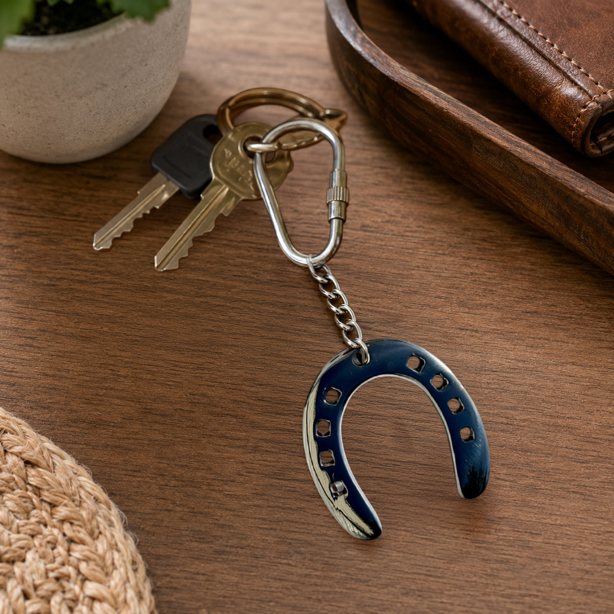 Huntley Equestrian horseshoe keychain with blue enamel charm and silver-tone ring on Tampa Home & Garden Store