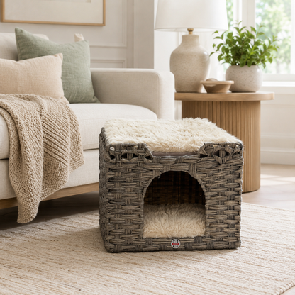 Huntley Pet Cat House, 2 cushion bed, gray woven wicker on Tampa Home & Garden Store