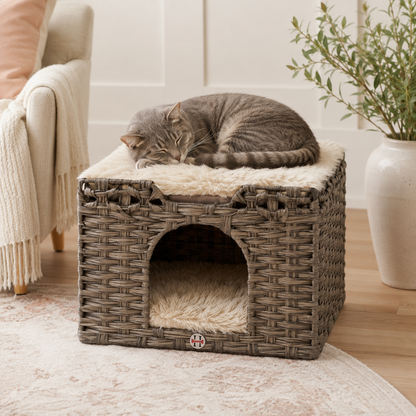 Huntley Pet Cat House with 2 cushion bed, gray woven wicker with plush fur top on Tampa Home & Garden Store