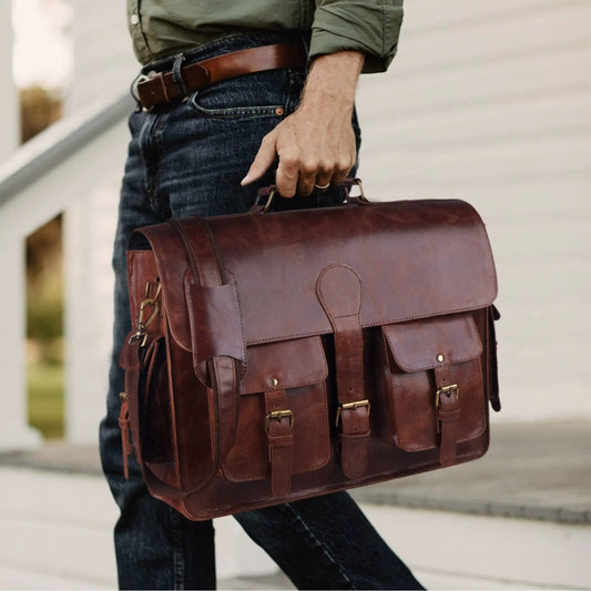 Men's Distressed Buffalo Leather Messenger Bag in brown with multiple front pockets on Tampa Home & Garden Store
