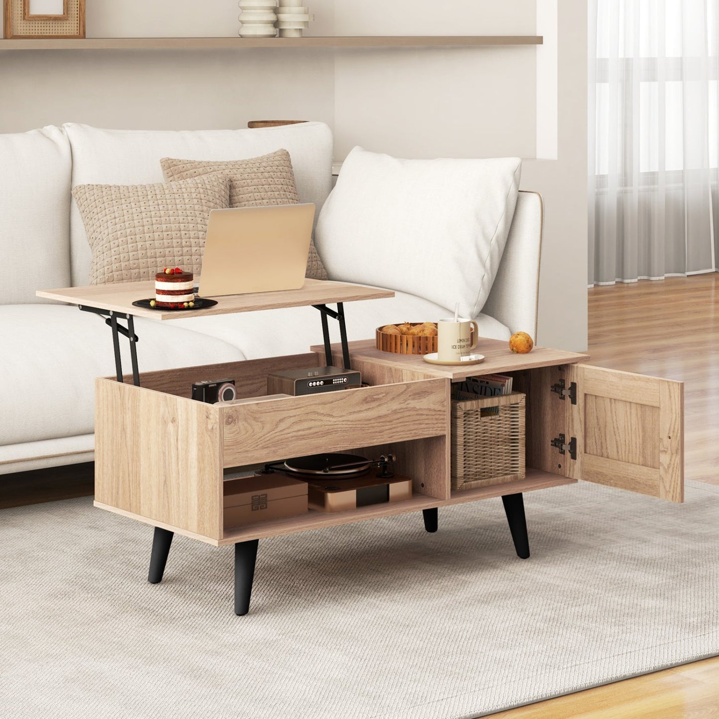 48-Inch folding camping table, lift-top wood surface, black legs, laptop and cake on top on Tampa Home & Garden Store