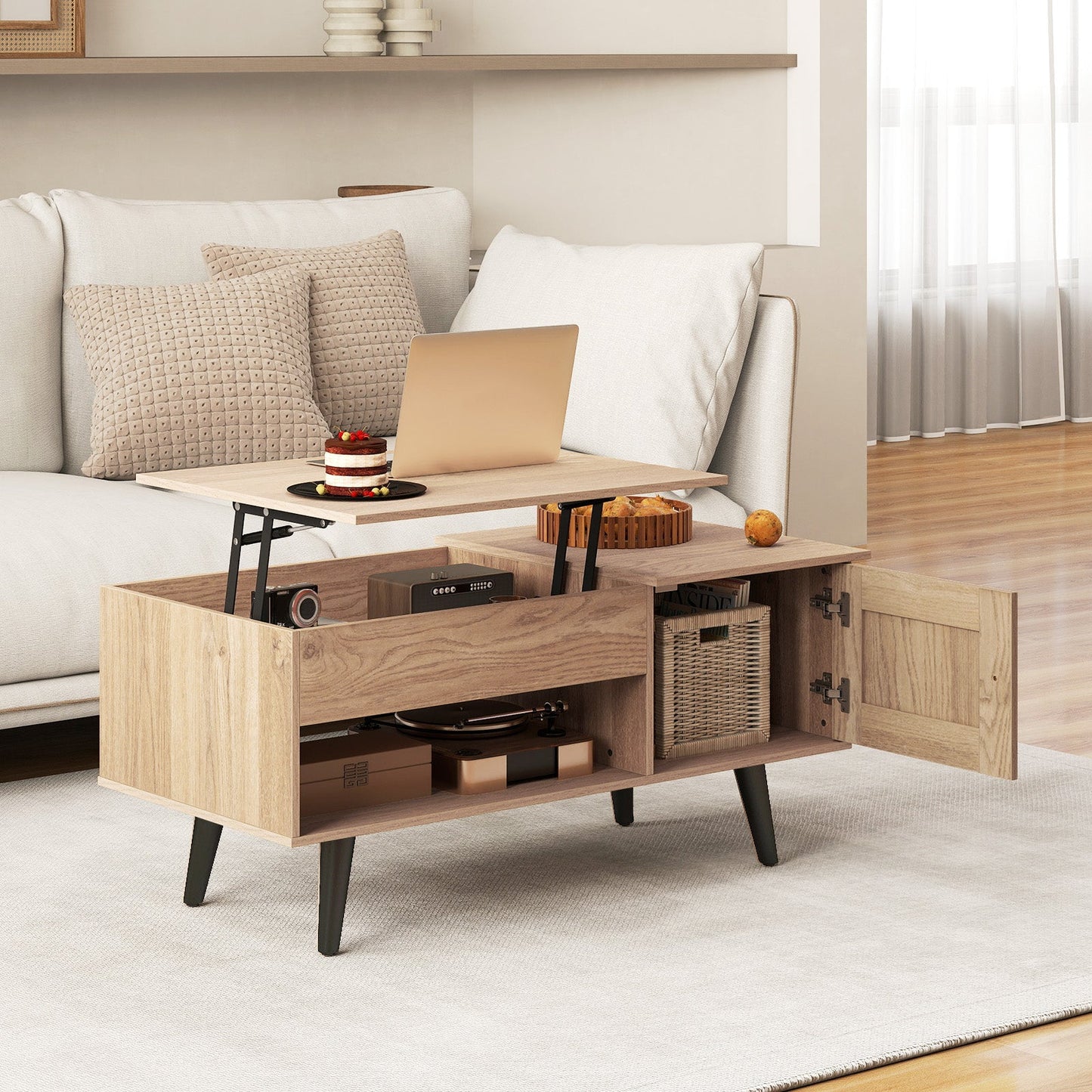 Mesa de centro elevable con almacenamiento y compartimento oculto-Natural