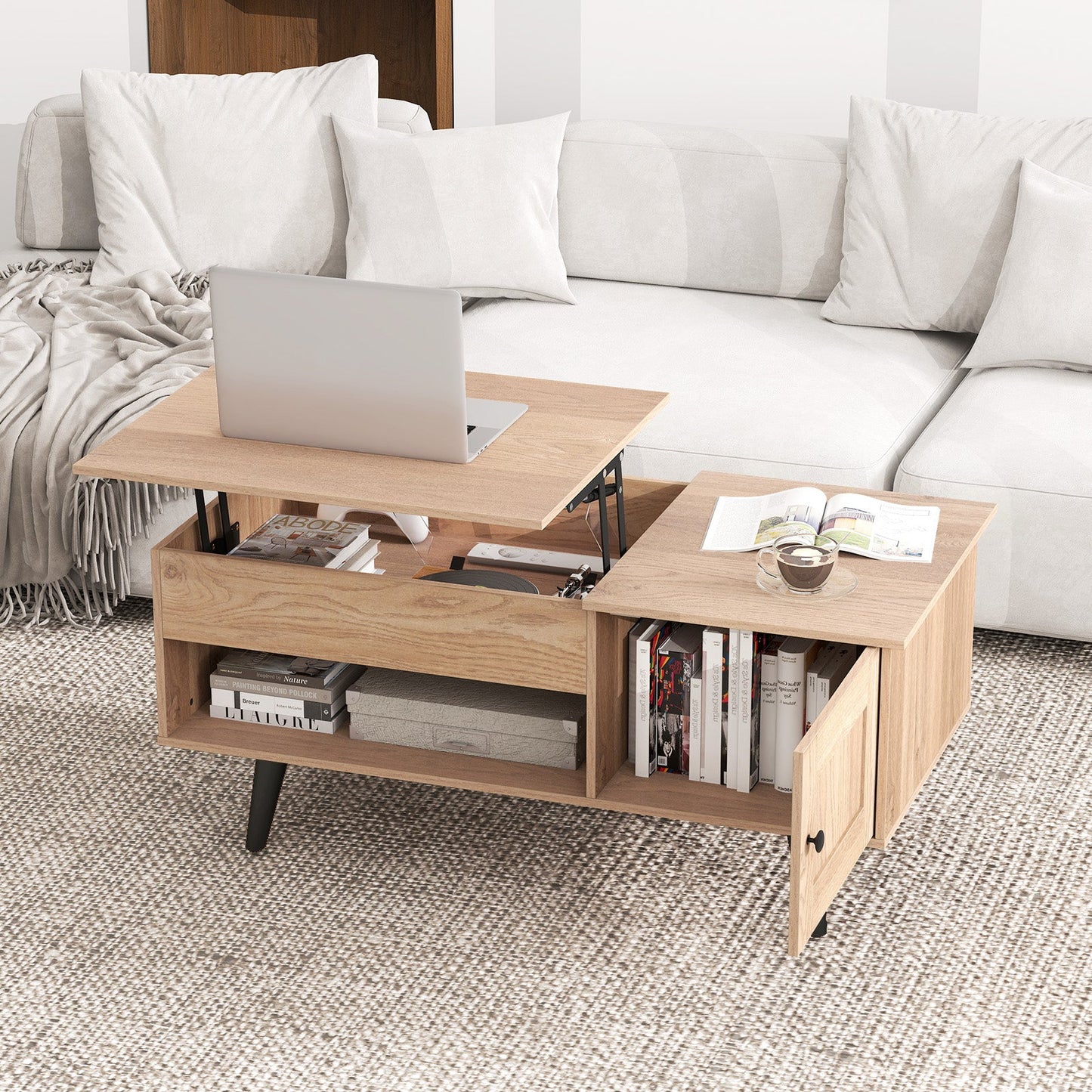 Mesa de centro elevable con almacenamiento y compartimento oculto-Natural