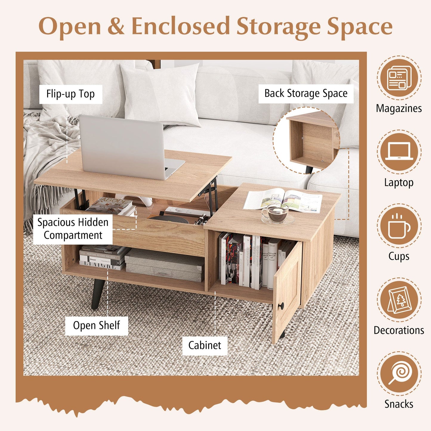 Mesa de centro elevable con almacenamiento y compartimento oculto-Natural
