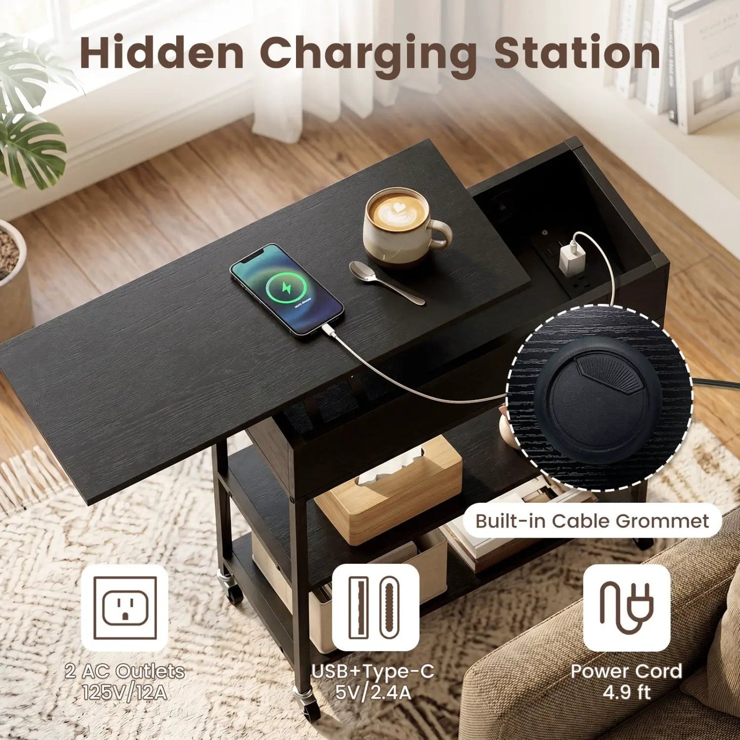 Lift Top Table With Charging Station and Wheels