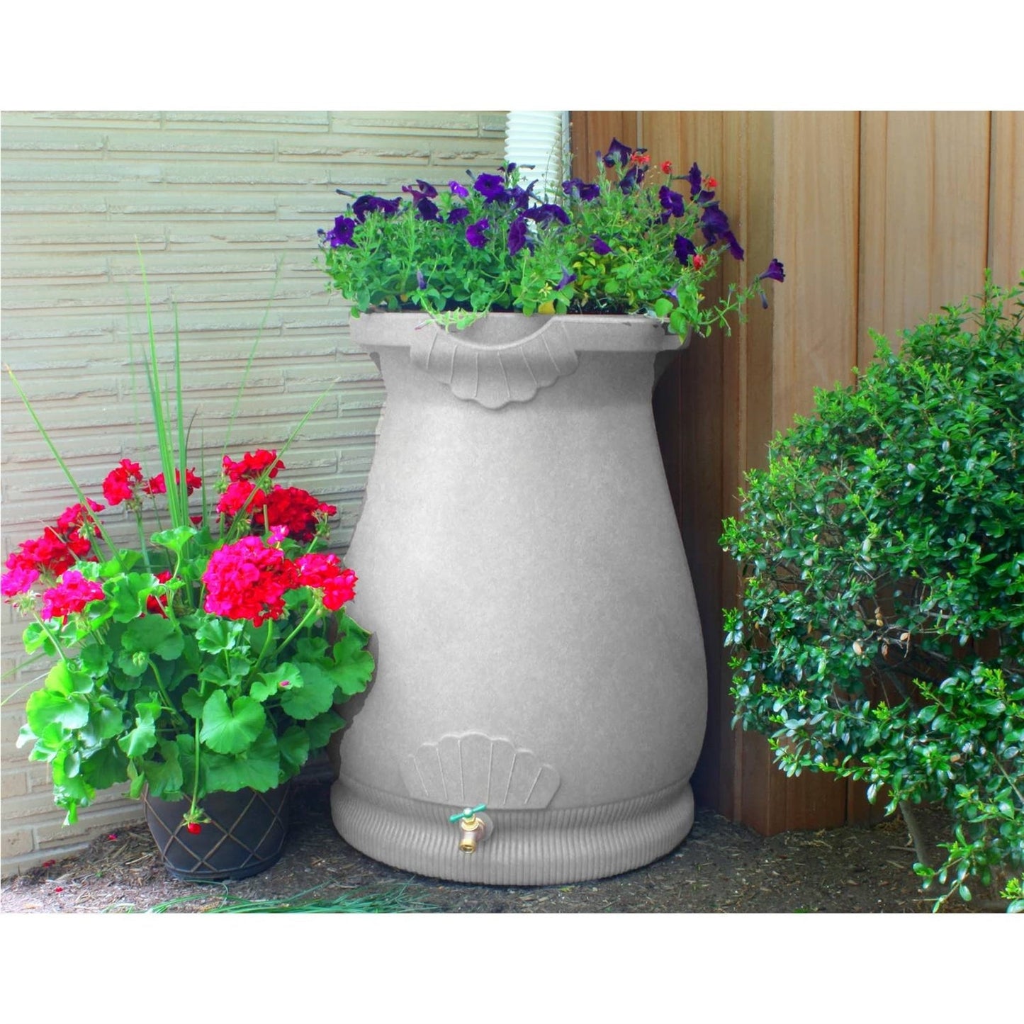Light Grey Granite 65 Gallon Plastic Urn Rain Barrel with Planter Top - Tampa Home & Garden Store