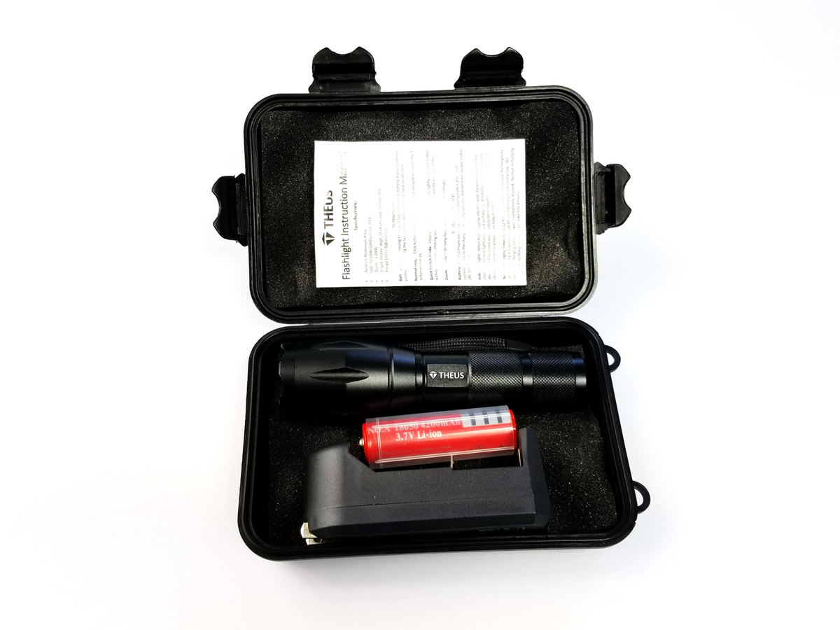 THEUS Rechargeable Flashlight Kit 2-piece black with textured grip red Li-ion battery Mercantile on Tampa Home & Garden Store