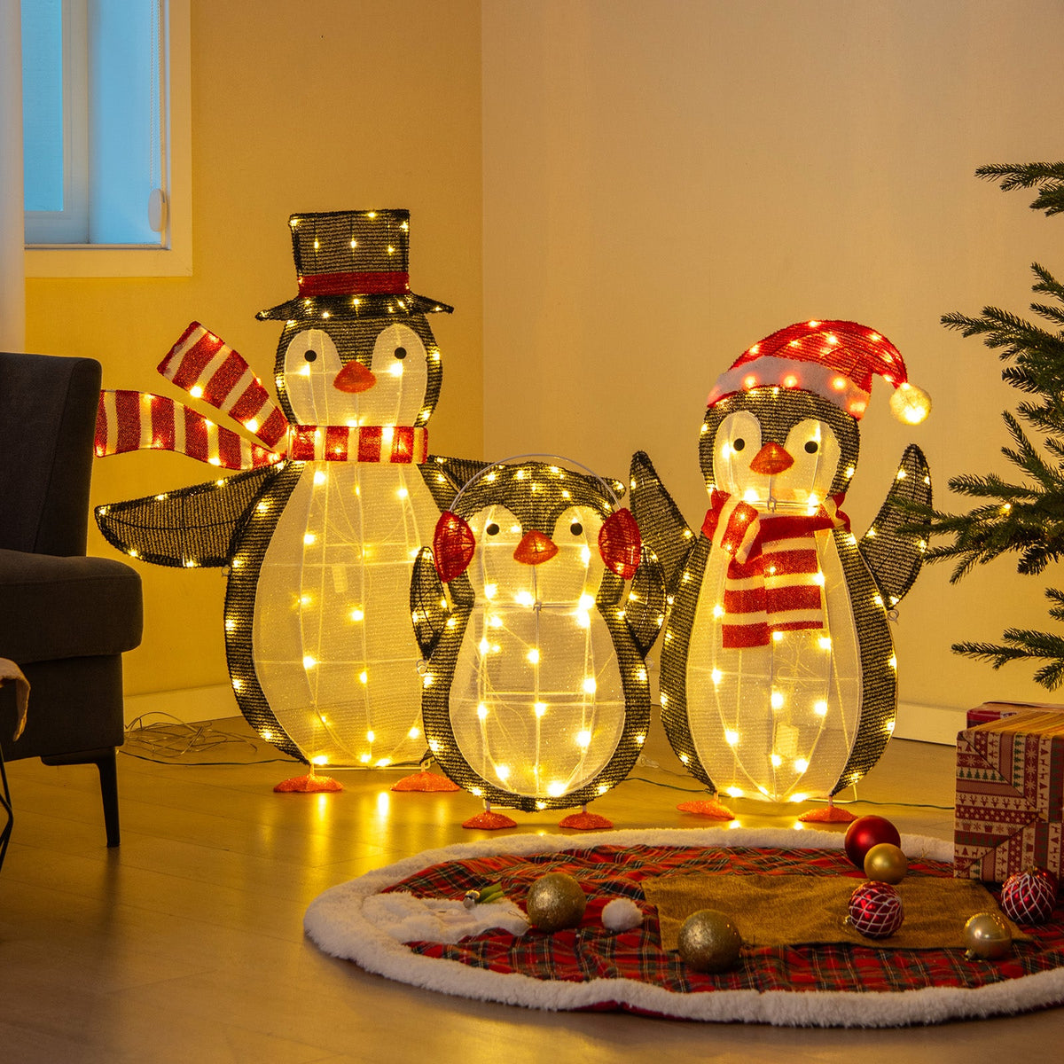 Light up Penguins Christmas decorations with three illuminated mesh penguins and warm LEDs on Tampa Home & Garden Store
