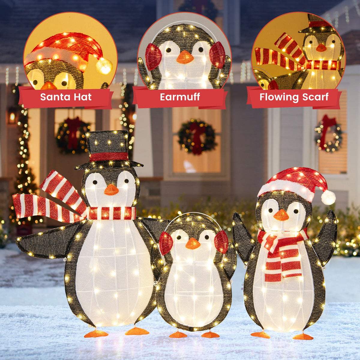 Light up penguin Christmas decorations with 194 LED lights, zip ties included, yard decor on Tampa Home & Garden Store