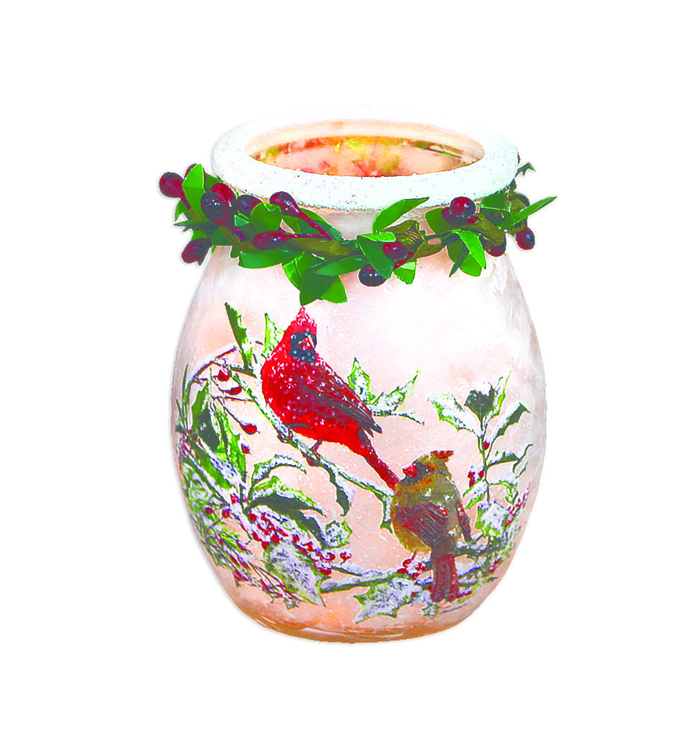 Lighted Glass Jar with Garland - Holly & Cardinals - Tampa Home & Garden Store