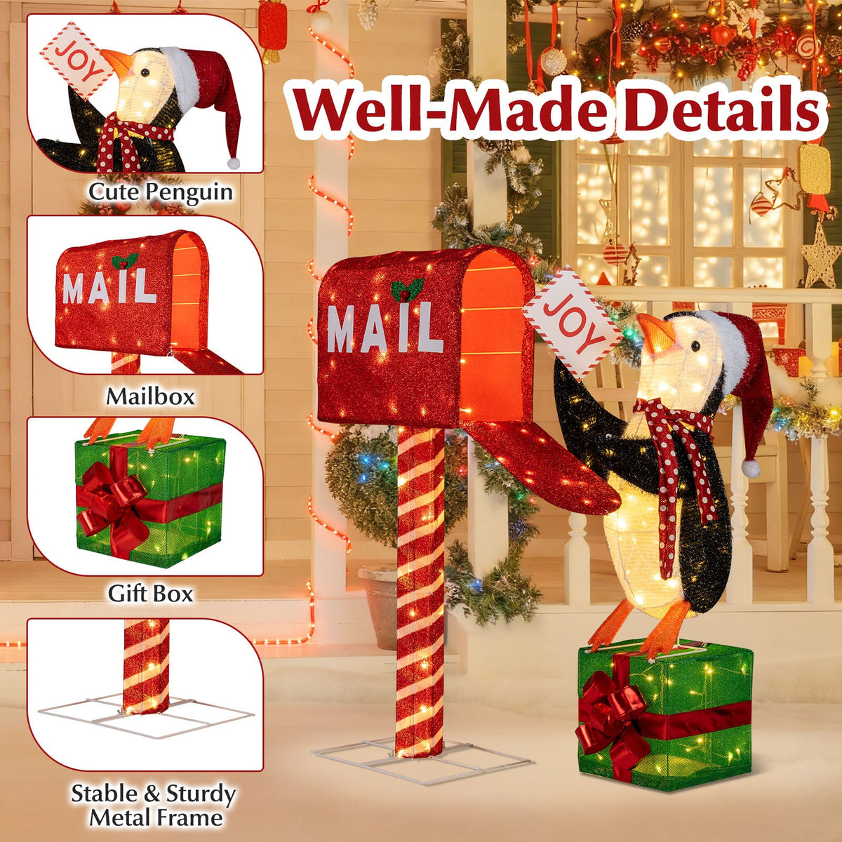 3-piece lighted mailbox and penguin 3D Christmas decoration by DirectDeals; red glitter mailbox on Tampa Home & Garden Store